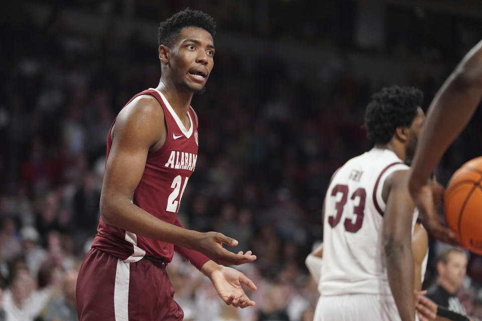 Alabama forward Brandon Miller reacts to an official's call during overtime in the team's NCAA college basketball game against South Carolina on Wednesday, Feb. 22, 2022, in Columbia, S.C. Alabama won 78-76. (AP Photo/Sean Rayford)