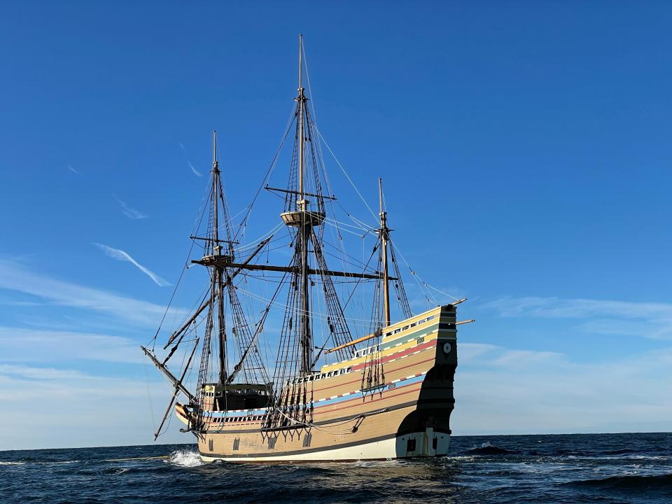 The Mayflower II was tugged through the Buzzards Bay on the way to Mystic, CT on Tuesday.
