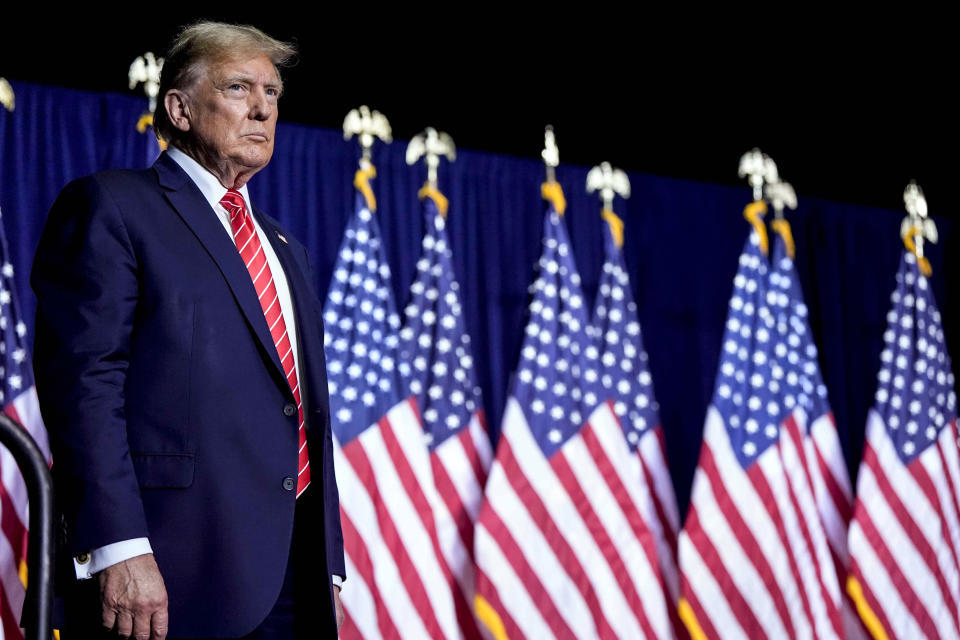 Republican presidential candidate former President Donald Trump speaks at a campaign rally Saturday, March 9, 2024, in Rome Ga. (AP Photo/Mike Stewart)