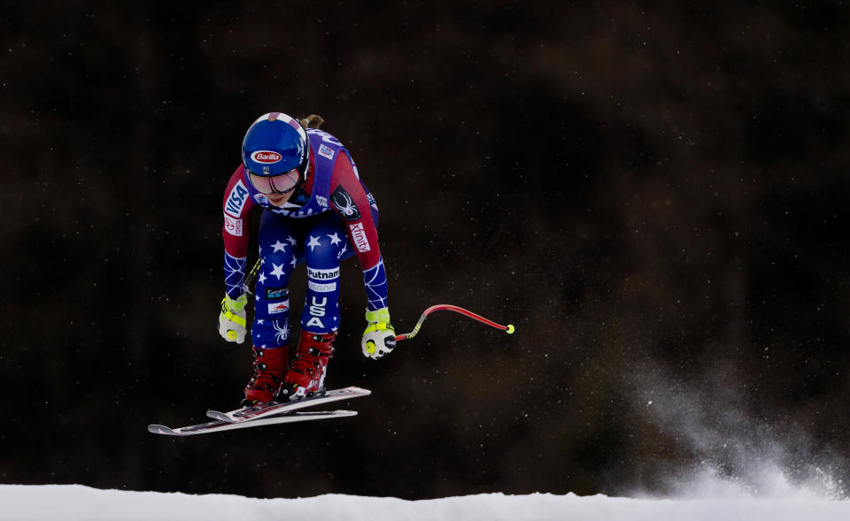 Mikaela Shiffrin goes airborne during a training session at the women’s World Cup downhill in Cortina d’Ampezzo. (AP)