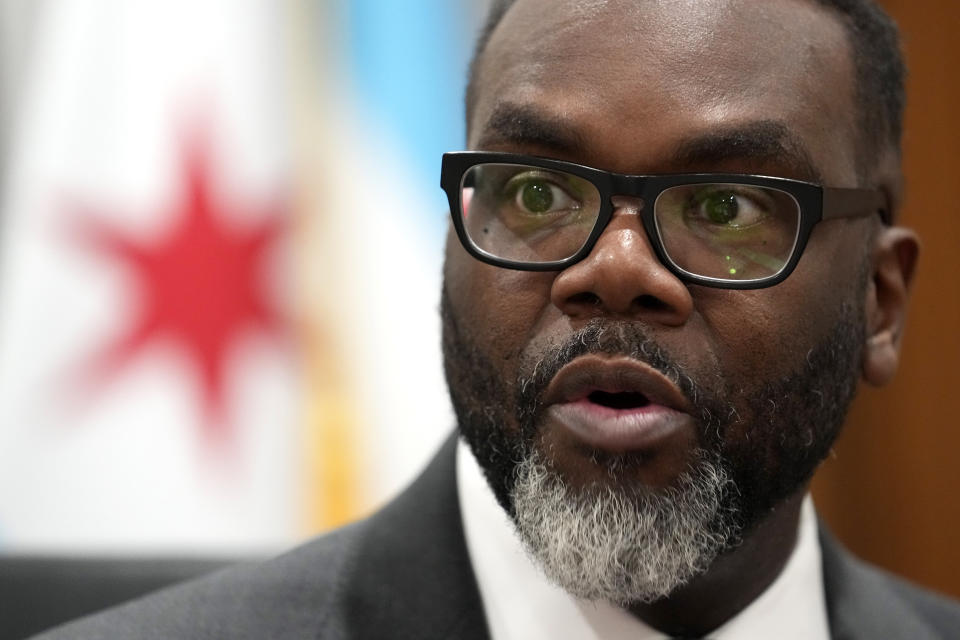 Chicago Mayor Brandon Johnson responds to a question in his City Hall office during an interview with The Associated Press Monday, May 6, 2024, in Chicago. The rookie mayor's bumpy first year has been a test of his progressive credentials. He's navigated an evolving migrant crisis, budget gaps, persistent crime and a troubled transit system to name a few. While there have been wins for workers and social services, he's struggled with businesses, police and fellow Democrats. (AP Photo/Charles Rex Arbogast)