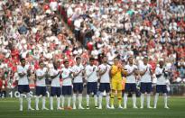 <p>England line up ahead of the National Anthem </p>