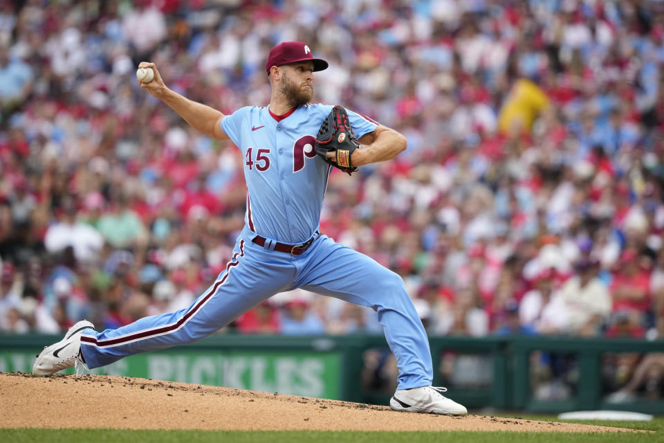 Philadelphia Phillies' Zack Wheeler pitches during the second inning of a baseball game against the Texas Rangers, Thursday, May 23, 2024, in Philadelphia. (AP Photo/Matt Slocum)