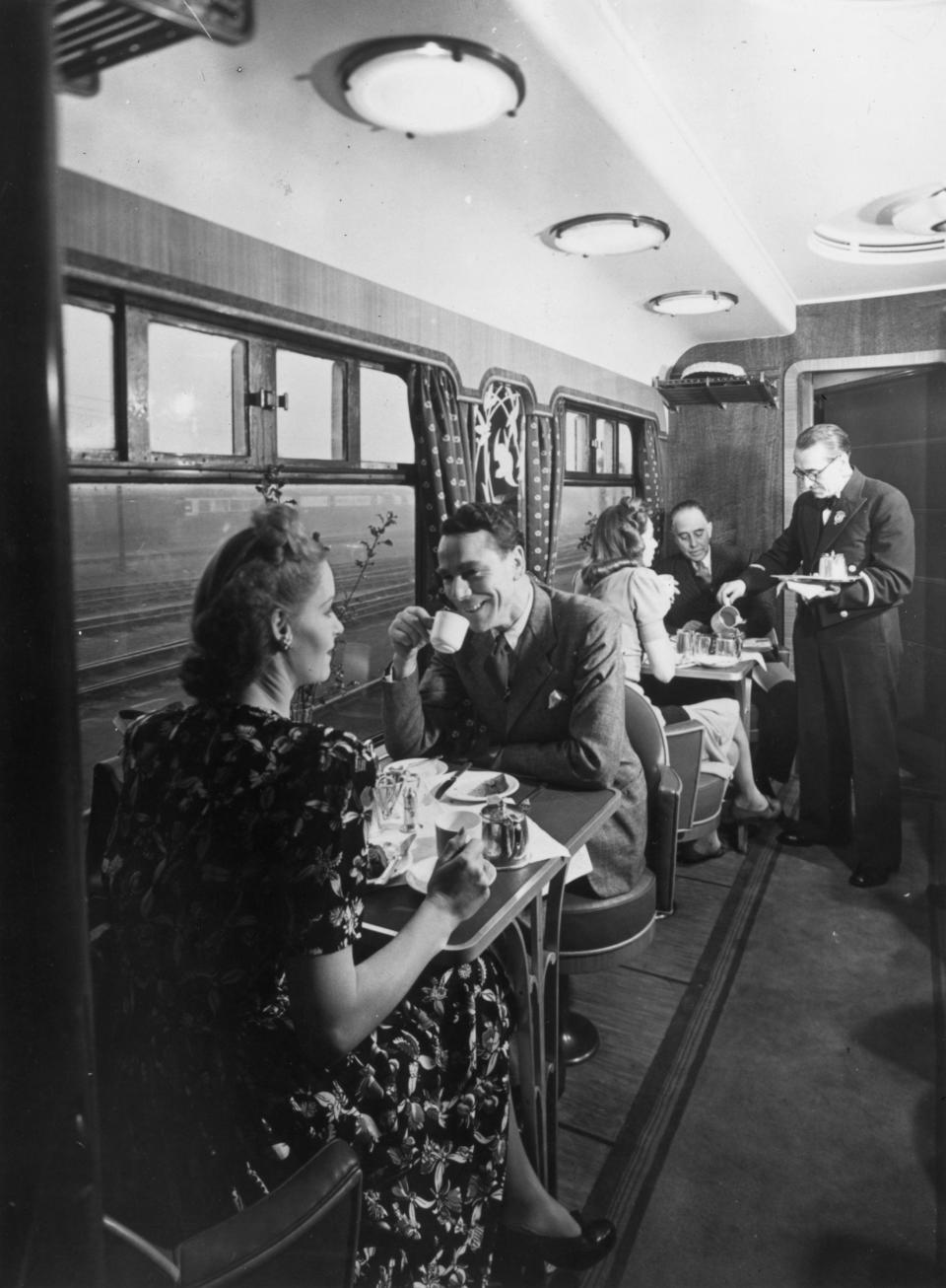 Diners in the restaurant car on a Great Western Railway oil-fired locomotive in 1946.