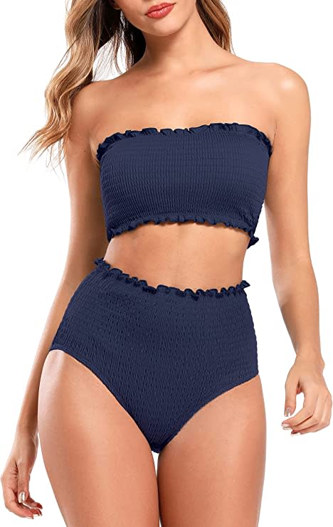 SHEKINI Women's Shirred Bandeau Bikini. Image via Amazon.