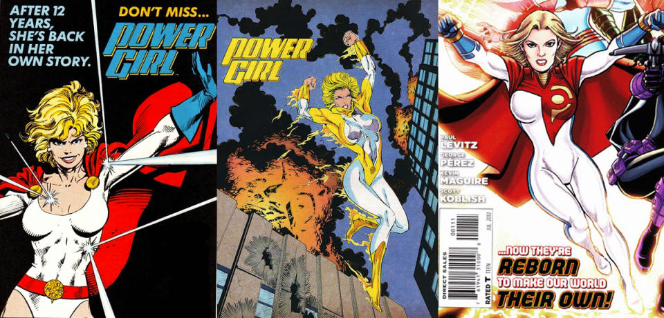 The alternate costumes of Power Girl in DC Comics.