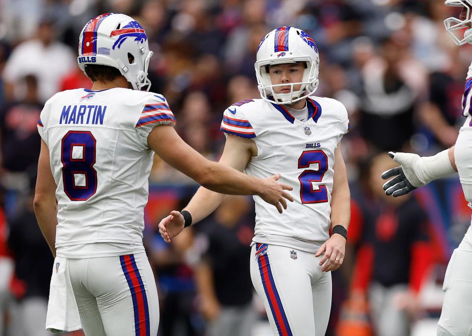 HOUSTON, TEXAS - OCTOBER 06: Tyler Bass #2 of the Buffalo Bills reacts after kicking a field goal during the first quarter against the Houston Texans at NRG Stadium on October 06, 2024 in Houston, Texas. (Photo by Tim Warner/Getty Images)