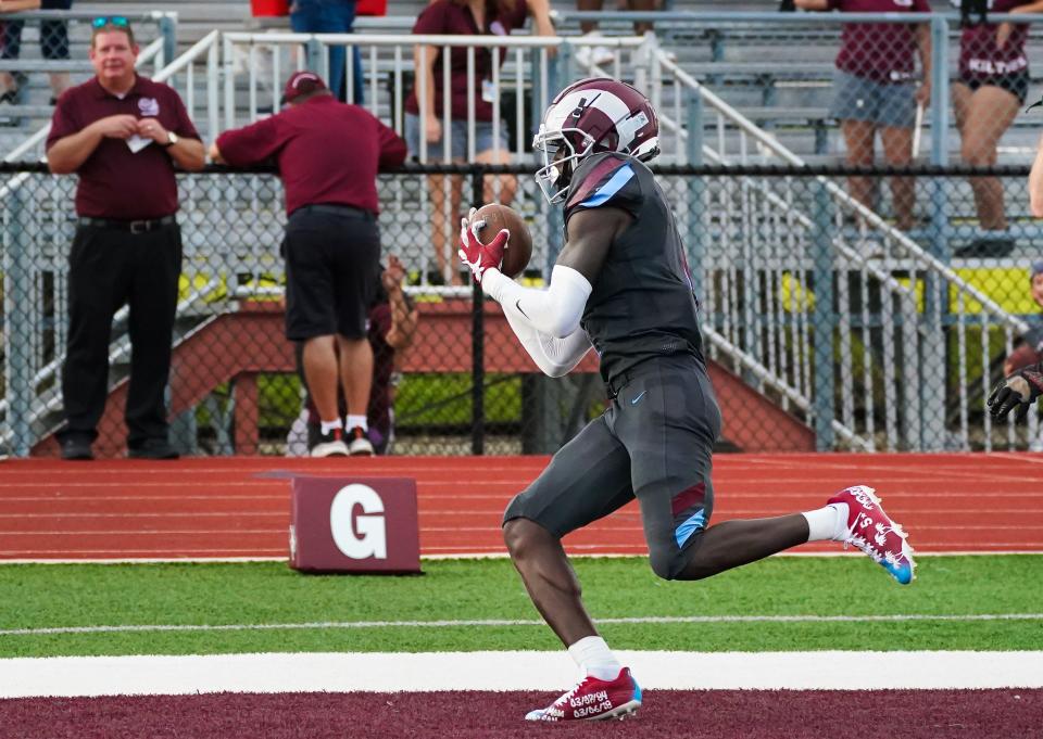 Riverview's Charles Lester III makes a catch in the end zone during a preseason football game Friday night against Tampa Bay Tech. 