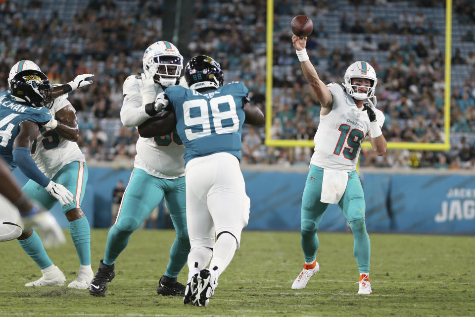 Miami Dolphins quarterback Skylar Thompson (19) passes during the second half of an NFL preseason football game against the Jacksonville Jaguars, Saturday, Aug. 26, 2023, in Jacksonville, Fla. (AP Photo/Gary McCullough)