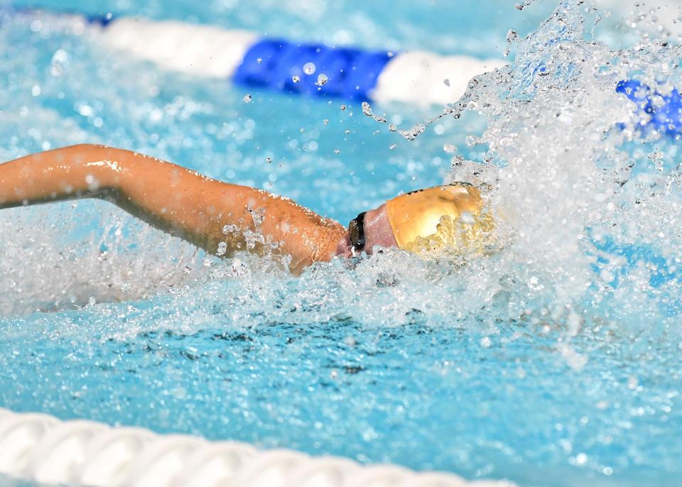Fleming Island's Maryn McDade races to the 2021 FHSAA Class 3A championship in the 50-yard freestyle. She begins her defense of her state title with this week's district meet.