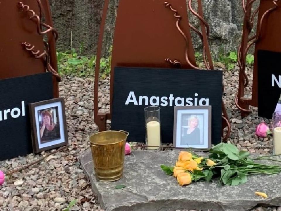 A monument in Petawawa, Ont., marks the deaths of Carol Culleton, Anastasia Kuzyk and Nathalie Warmerdam. All three women were murdered in Ontario's Renfrew County on the same September 2015 day by a man with a known history of gender-based violence.  (Pamela Cross/Twitter - image credit)