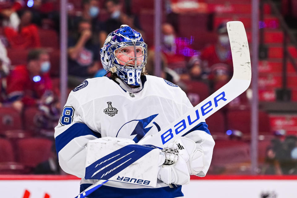 MONTREAL, QC - JULY 05: Look on Tampa Bay Lightning goalie Andrei Vasilevskiy (88) during the NHL Stanley Cup Playoffs Final game 4 between the Tampa Bay Lightning versus the Montreal Canadiens on July 05, 2021, at Bell Centre in Montreal, QC (Photo by David Kirouac/Icon Sportswire via Getty Images)