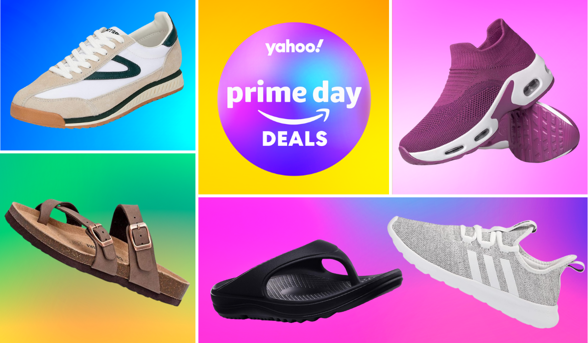 collection of various sneakers and sandals in different colors beside badge reading Yahoo! Prime Day deals