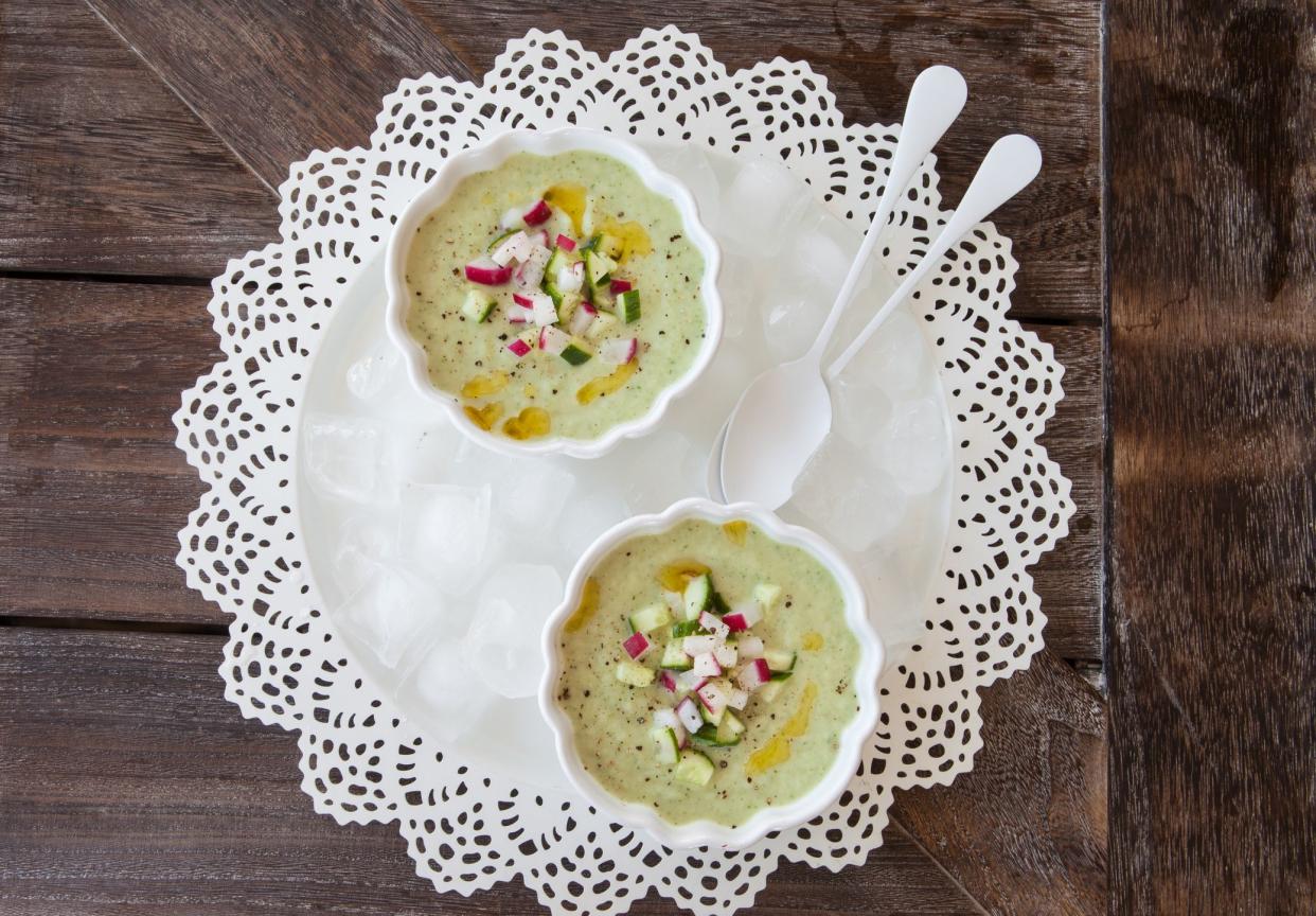 Refreshing iced cucumber soup with fresh radish and olive oil