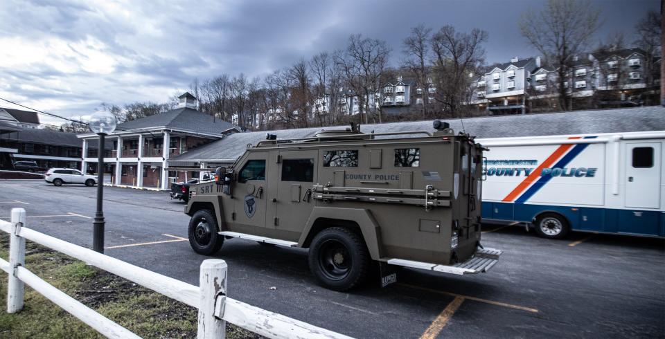 A heavily armored Westchester County Police vehicle in the parking lot of the Days Inn Motel in Elmsford April 14, 2024 where a man was barricaded in a room. The situation began at around 4:00 pm and ended after 9:00 pm.