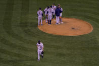 Houston Astros starting pitcher Jose Urquidy leaves the game against the Boston Red Sox during the second inning in Game 3 of baseball's American League Championship Series Monday, Oct. 18, 2021, in Boston. (AP Photo/Charles Krupa)