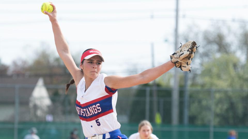 Triton's Danielle Procopio delivers a pitch during the softball game between Triton and Timber Creek played at Triton High School on Wednesday, April 5, 2023.  Triton defeated Timber Creek, 8-5.  