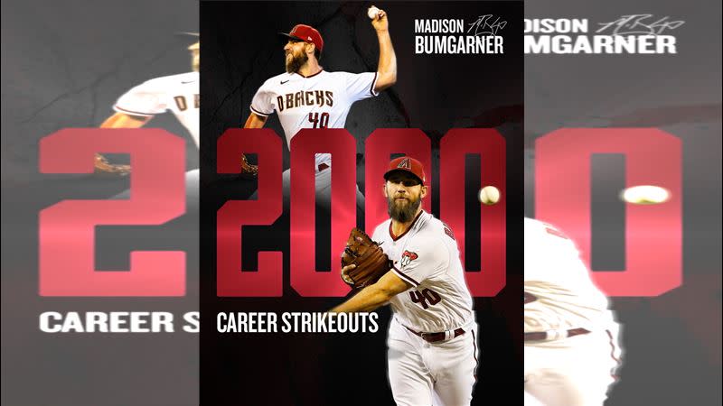 邦加納（Madison Bumgarner）達成生涯2000K里程碑。（圖／翻攝自響尾蛇推特）