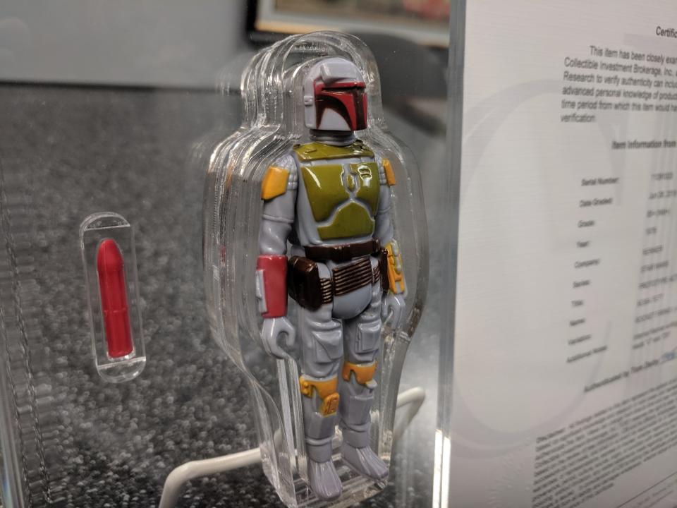 The 3.75'' Boba Fett J-slot rocket-firing prototype is up for sale at Hake's Auctions in York. Hake's consignment manager Kelly McClain describes the figurine as the 