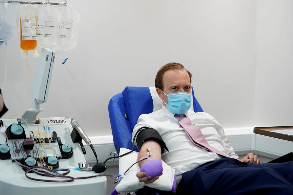 The Health Secretary donated plasma as part of a trial to see if it can be used as a treatment (via REUTERS)