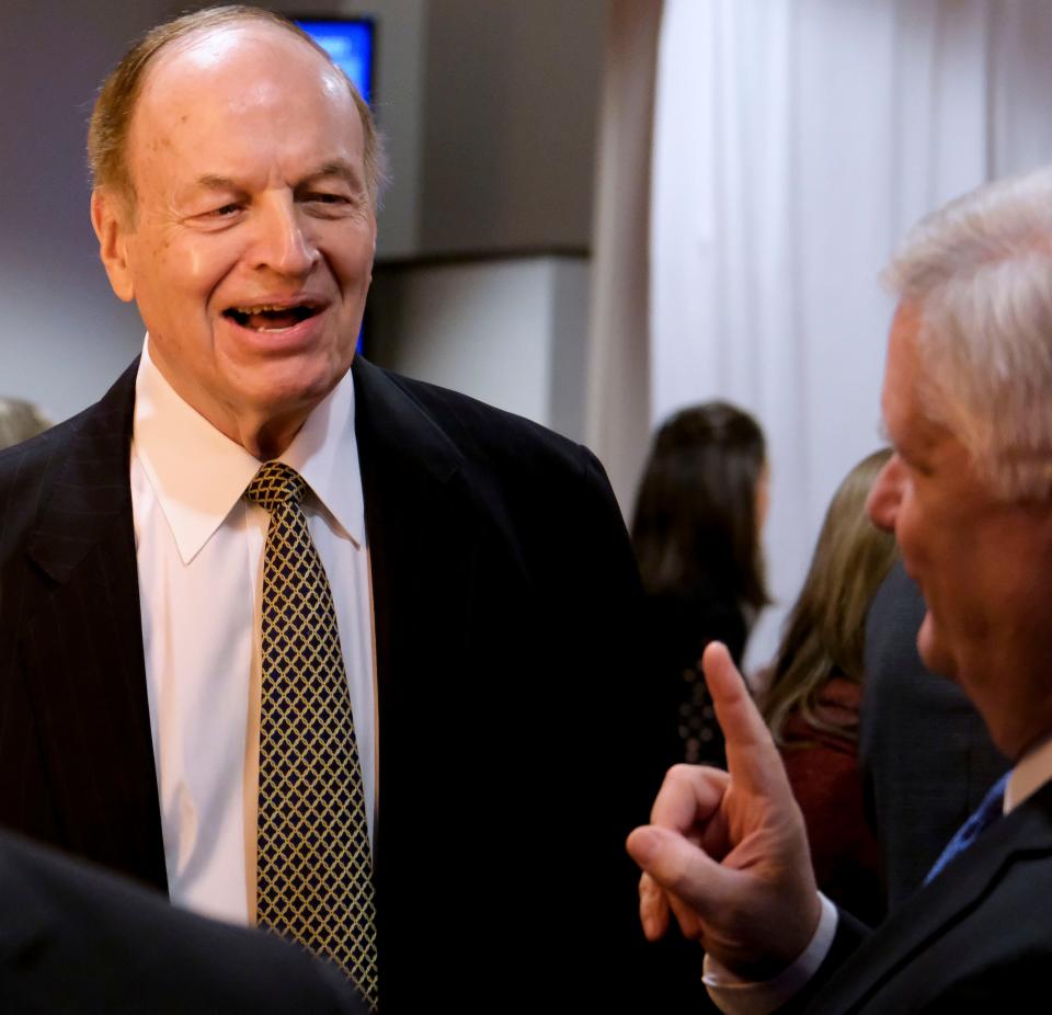 Feb. 2, 2023; Tuscaloosa, AL, USA; Retired United States Sen.  Richard Shelby talks with people in the lobby at the Bryant Conference Center before he was honored by the West Alabama Chamber of Commerce during their annual awards banquet.