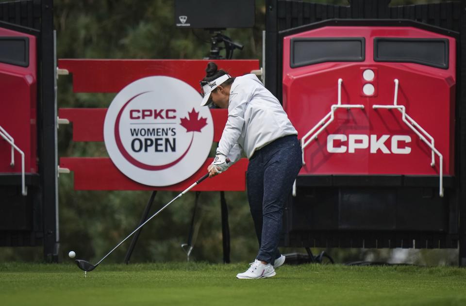 Megan Khang, of the United States, hits her tee shot on the 18th hole during the second round at the LPGA CPKC Canadian Women's Open golf tournament in Vancouver, British Columbia, Friday, Aug. 25, 2023. (Darryl Dyck/The Canadian Press via AP)