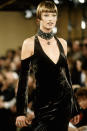 <p>Evangelista sporting yet another hairstyle — a chic bob — for the Donna Karan show at New York Fashion Week 1993.</p>