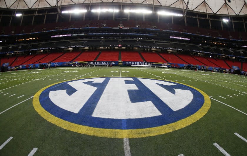 The SEC logo is displayed on the field ahead of the Southeastern Conference championship.