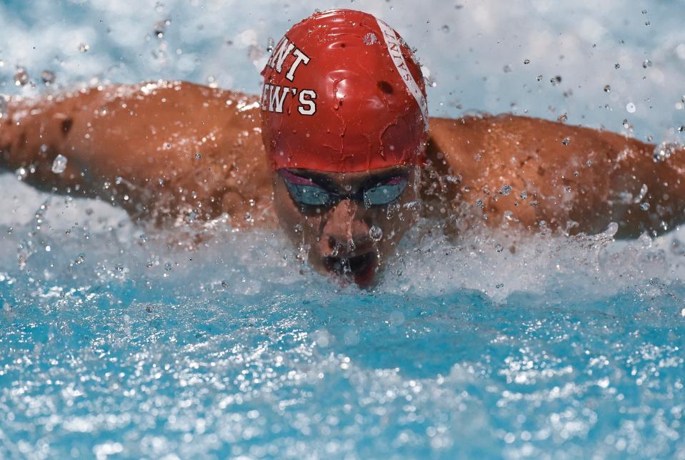 St. Andrew's Diego Balbi competes in the boys 100-meter butterfly during the 2022 Florida High School Athletic Association Class 1A Swimming and Diving State Championships on Nov. 18 at Sailfish Splash Waterpark in Stuart.