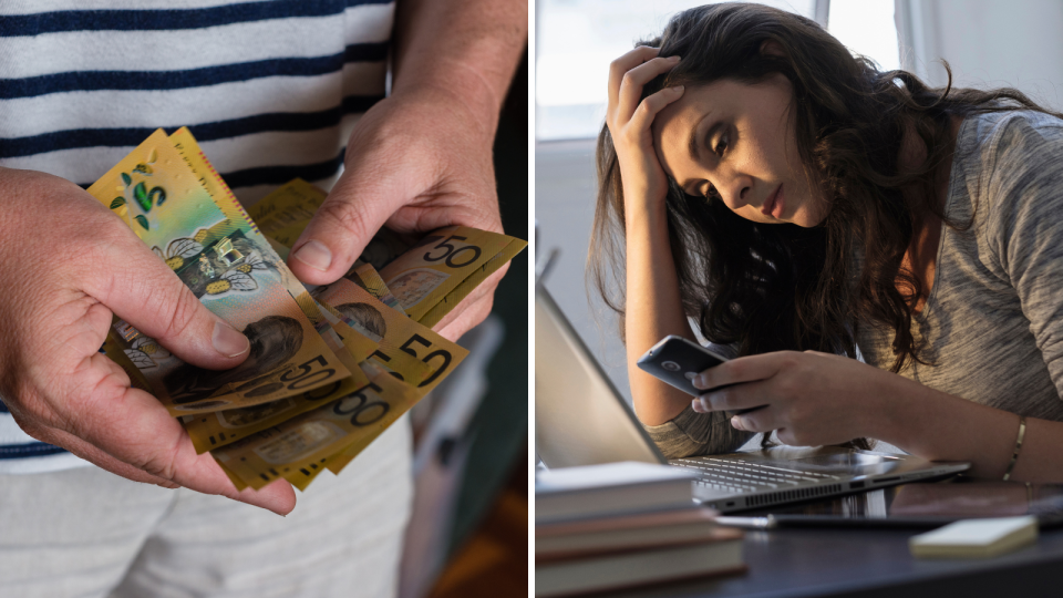 A composite image of a person holding Australian money and a woman looking stressed to represent someone being scammed.