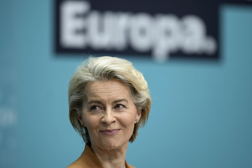 Ursula von der Leyen, President of the European Commission, is pictured during a press conference after a board meeting of the Christian Democratic Union (CDU) in Berlin, Germany, Monday, Feb. 19, 2024. Ursula von der Leyen announced her intention to run for a second term as EU commission president. (AP Photo/Markus Schreiber)