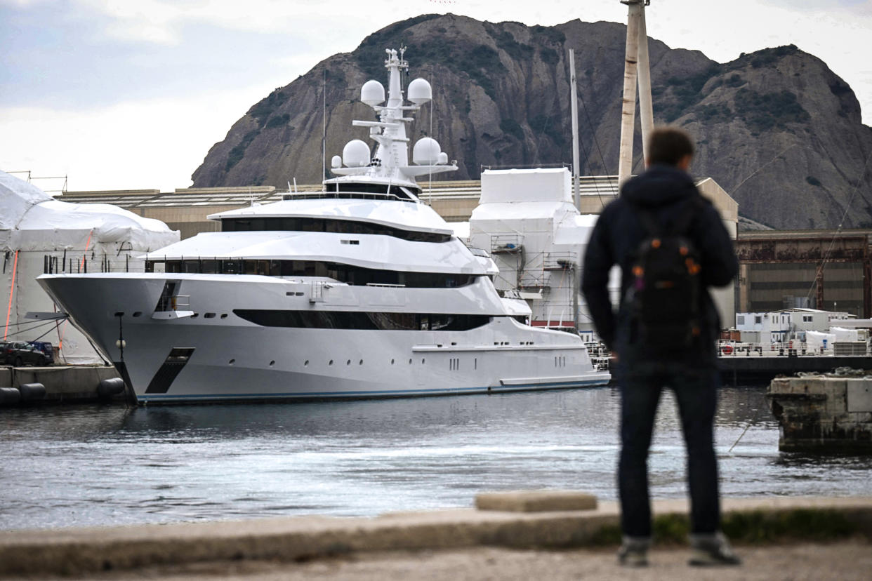 Image: Amore Vero, a yacht owned by a company linked to Igor Sechin, chief executive of Russian energy giant Rosneft, in a shipyard in La Ciotat, near Marseille, southern France, on March 3, 2022. (Nicolas Tucat / AFP - Getty Images)