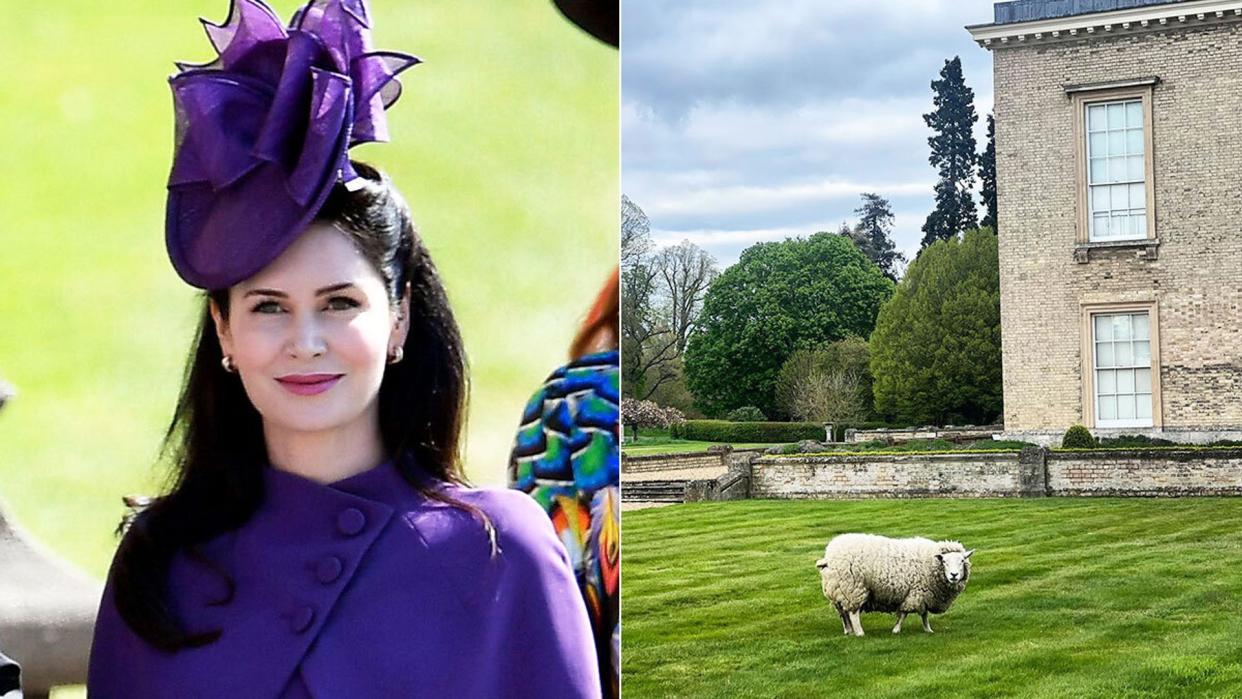 Countess Karen Spencer pictured alongside Althorp House with sheep