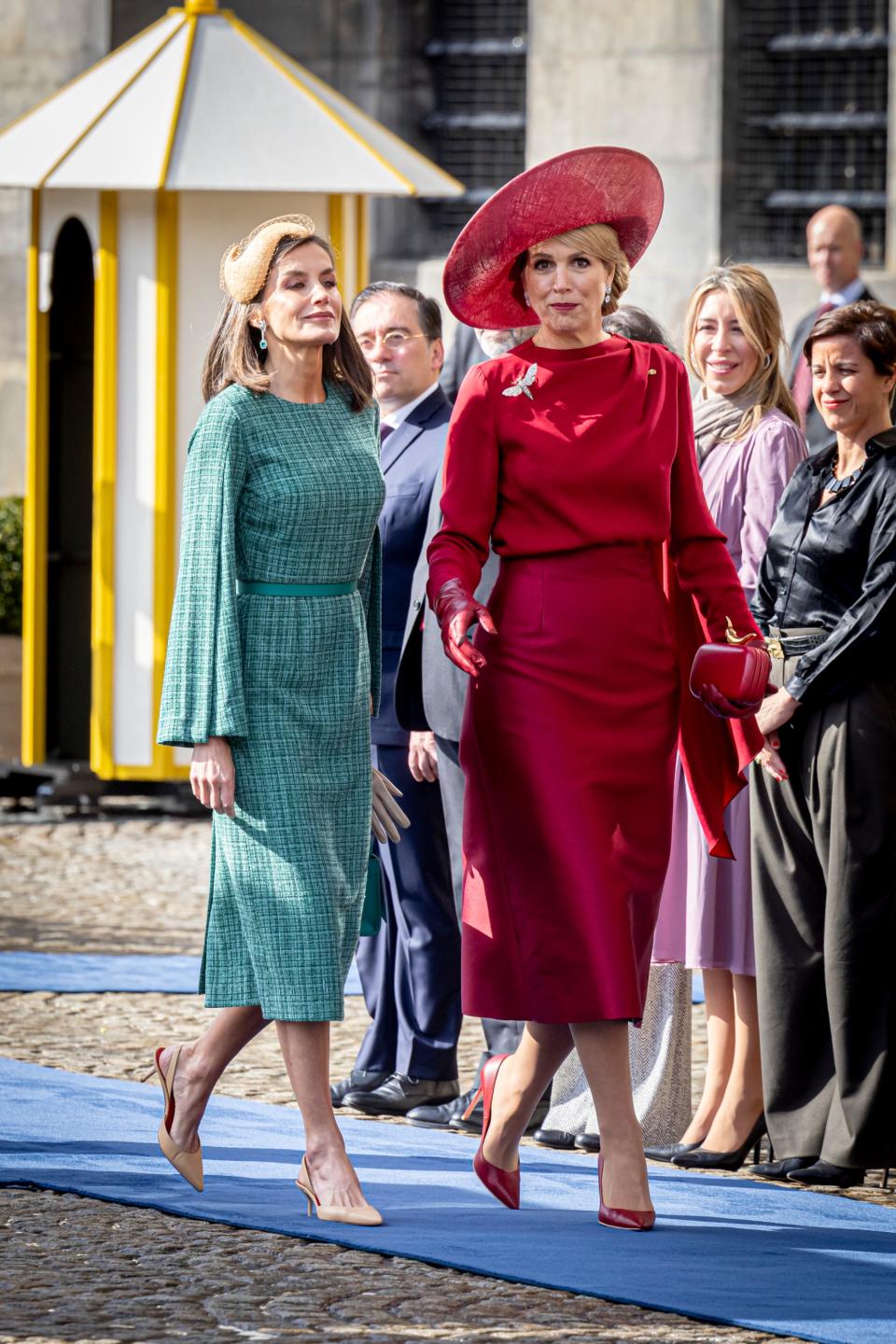 Queen Letizia of Spain, at left, and Queen Maxima of the Netherlands at the Royal Palace on April 17.