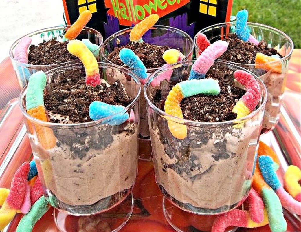 <p>Krista Marshall</p><p>With chocolate pudding, Oreo dirt, and gummy worms, if you can get your kids to say “ewwww” when it comes to food, and still eat it, you’re winning major mom points.</p><p><strong>Get the recipe: <a href="https://parade.com/1095743/kristamarshall/worms-in-dirt-dessert/" rel="nofollow noopener" target="_blank" data-ylk="slk:Worms In Dirt Dessert;elm:context_link;itc:0;sec:content-canvas" class="link rapid-noclick-resp">Worms In Dirt Dessert</a></strong></p><p><strong>Related: <a href="https://parade.com/905897/lesley_chen/funny-halloween-instagram-captions/" rel="nofollow noopener" target="_blank" data-ylk="slk:Hilarious Halloween Instagram Captions;elm:context_link;itc:0;sec:content-canvas" class="link rapid-noclick-resp">Hilarious Halloween Instagram Captions</a></strong></p>