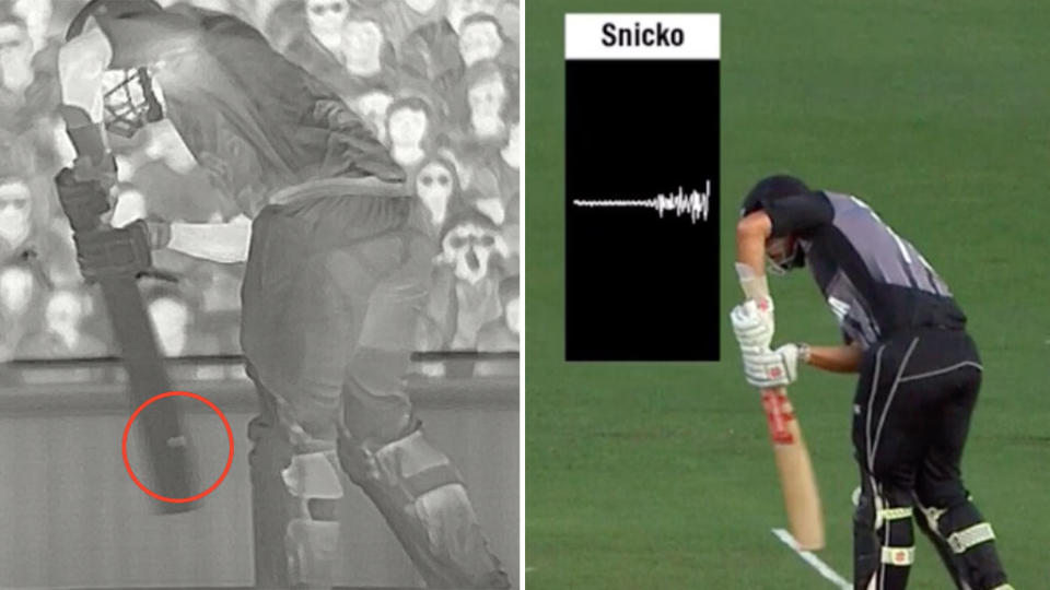 After Daryl Mitchell sent the lbw call upstairs, Hot Spot and Snicko disagreed. Pic: Fox Sports