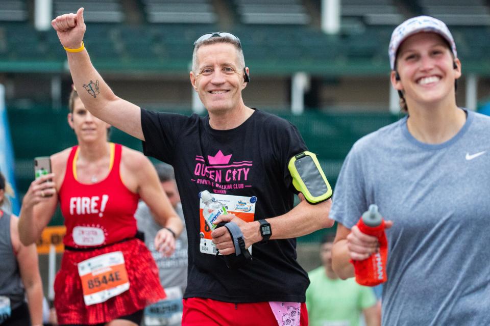 Runners take part in the Kentucky Derby Festival Marathon and miniMarathon at Churchill Downs on Apr. 29, 2023.