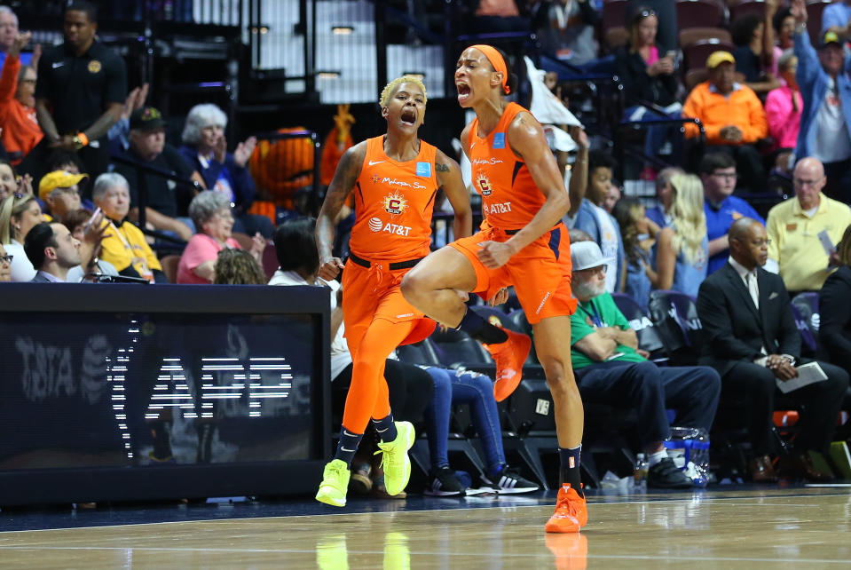 UNCASVILLE, CT - SEPTEMBER 17: Connecticut Sun guard Jasmine Thomas (5) reacts after making a three point shot during game 1 of the WNBA semifinal between Los Angeles Sparks and Connecticut Sun on September 17, 2019, at Mohegan Sun Arena in Uncasville, CT. (Photo by M. Anthony Nesmith/Icon Sportswire via Getty Images)