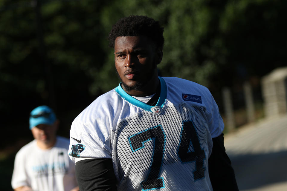 CHARLOTTE, NC - JUNE 04: Kendrick Norton (74) walks to the field during the Carolina Panthers OTA (Organized Training Activities) at the Carolina Panthers Training Facility on June 04, 2018 in Charlotte, NC.(Photo by John Byrum/Icon Sportswire via Getty Images)