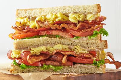 <p>What a mouthful! Bacon, black pepper mayonnaise, lettuce, tomato, and scrambled eggs stacked on white toast for a grand total of 2,730 grams of sodium.</p>