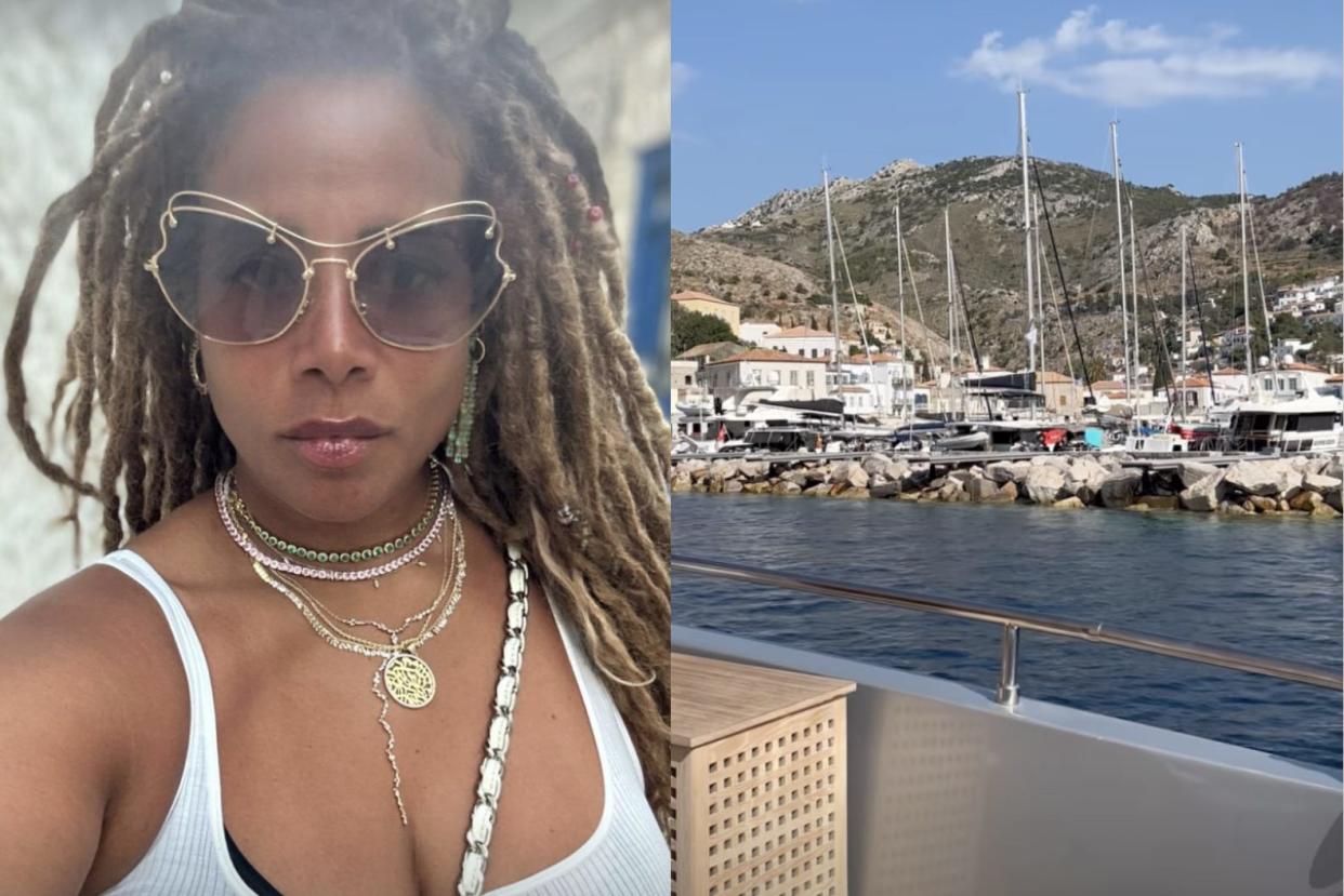 A side by side of Kelis and a photo of the Greecian shoreline.