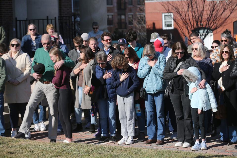 Family and friends of late Capt. Jack Casey, a Marine helicopter pilot from Dover, take part in a ceremony Saturday, Feb. 10, 2024 at City Hall. Casey was one of five Marines who lost their lives in a helicopter crash in California