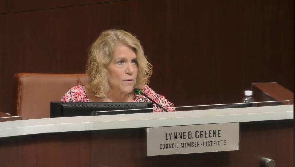 Fayetteville City Council Member Lynne B. Greene explains why she is not ready to approve additional funding for a fire station under construction on Bragg Boulevard at a council meeting on April 8, 2024.