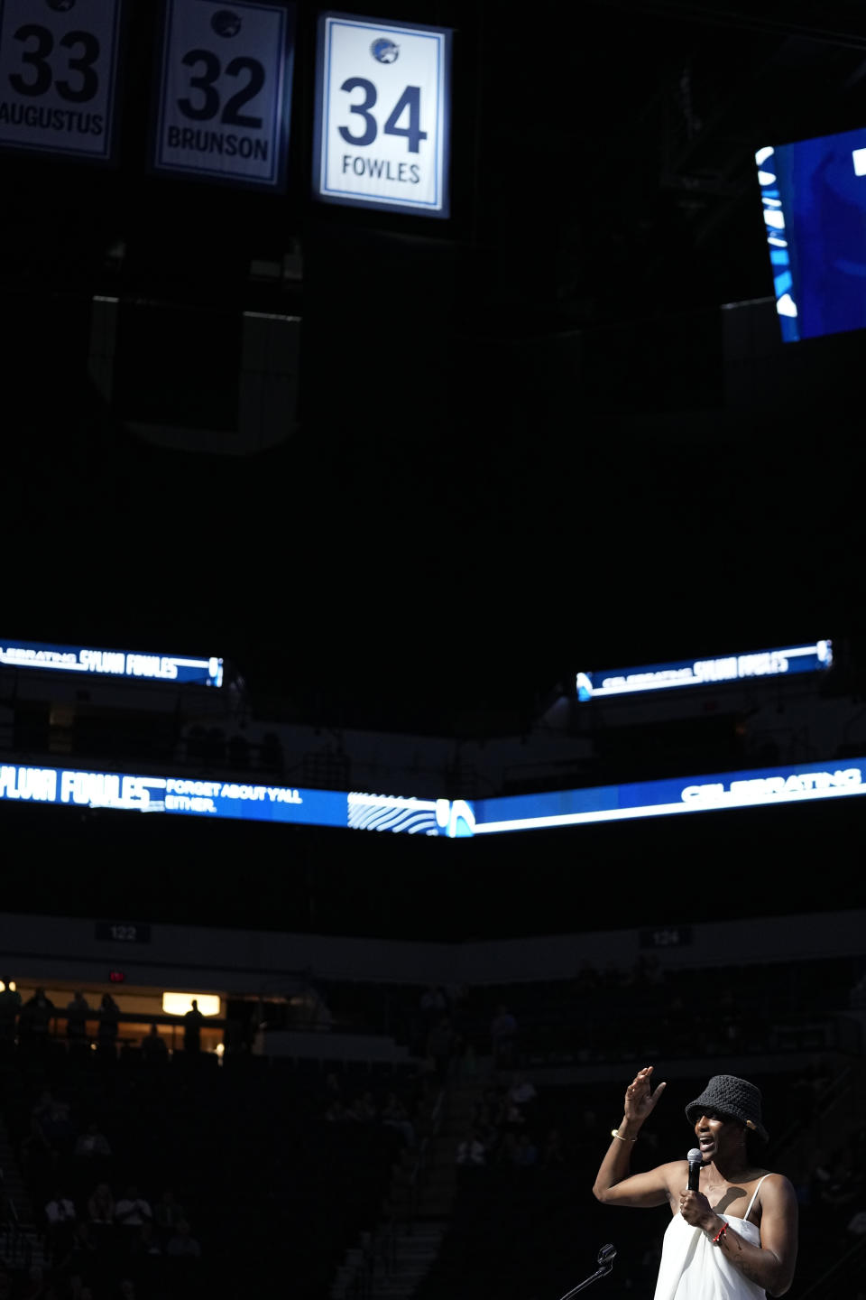 Former Minnesota Lynx player Sylvia Fowles speaks after her jersey number was retired following a WNBA basketball game against the Los Angeles Sparks, Sunday, June 11, 2023, in Minneapolis. (AP Photo/Abbie Parr)