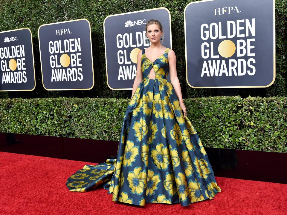 Taylor Swift at the 2020 Golden Globes in a flower dress