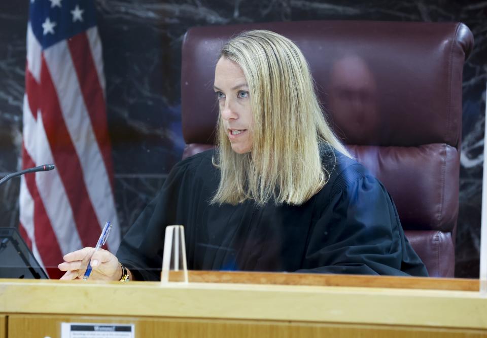 Judge Doneene Loar speaks during an injunction hearing for William Braddock Tuesday, June 22, 2021, in Clearwater, Fla. Anna Paulina Luna, who plans to run for Florida's District 13 seat after losing a race for the slot in 2020 to Democratic U.S. Rep. Charlie Crist, contends in court documents that GOP challenger William Braddock is stalking her and wants her dead. Luna has filed a petition for a permanent restraining order. Braddock denies the claims and wants to see any evidence against him. (Chris Urso/Tampa Bay Times via AP)