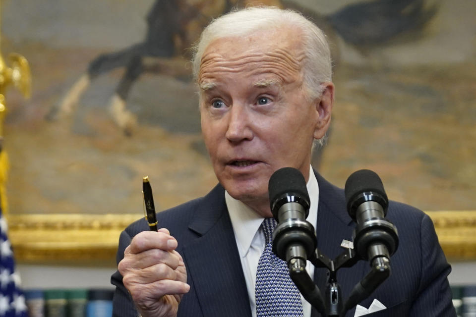 President Joe Biden speaks in the Roosevelt Room of the White House, Friday, June 30, 2023, in Washington. The Biden administration is moving forward on a new student debt relief plan after the Supreme Court struck down his original initiative to provide relief to 43 million borrowers. (AP Photo/Evan Vucci)