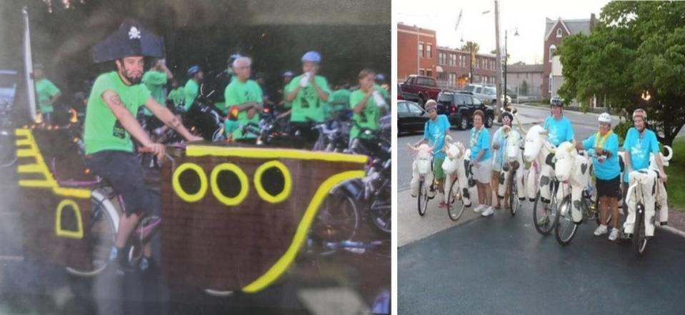 Ely family members and friends participated in Tour de Belleville several years. They decorated bicycles and dressed like pirates in 2009, left, and went with a cow theme in 2010.