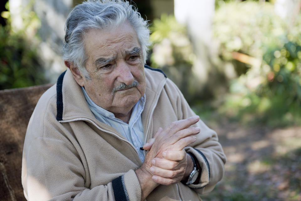 Uruguay's President Jose Mujica pauses during an interview at his home on the outskirts of Montevideo, Uruguay, Friday, May 2, 2014. Mujica says the country's legal marijuana market will be much less permissive with drug users. “We don’t go along with the idea that marijuana is benign, poetic and surrounded by virtues. No addiction is good,“ he said. In an exclusive Associated Press interview just before releasing his country’s long-awaited marijuana rules, the former leftist guerrilla predicted that many will call him an “old reactionary” once they see the fine print. (AP Photo/Matilde Campodonico)