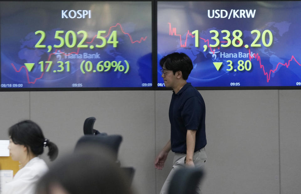 A currency trader passes by the screens showing the Korea Composite Stock Price Index (KOSPI), top left, and the foreign exchange rate between U.S. dollar and South Korean won at the foreign exchange dealing room of the KEB Hana Bank headquarters in Seoul, South Korea, Friday, Aug. 18, 2023. (AP Photo/Ahn Young-joon)